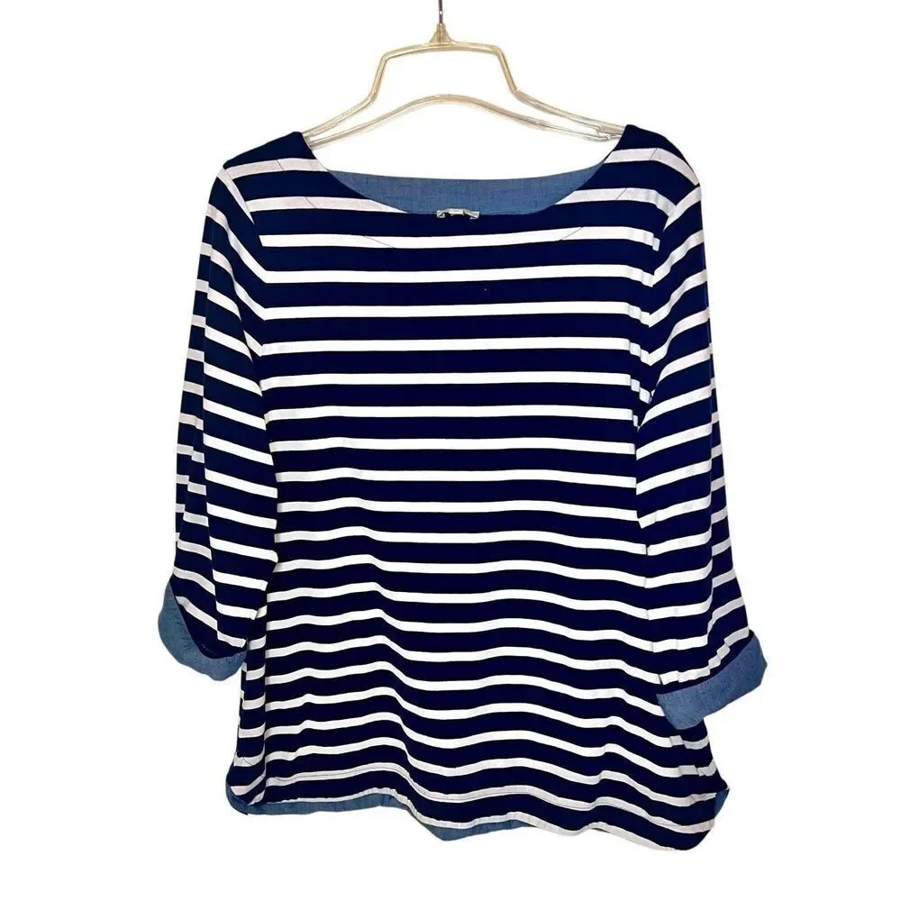Talbots 3/4 Length Roll ChambrayCuff Sleeve Top Blue White Stripe Women’s Sz XL